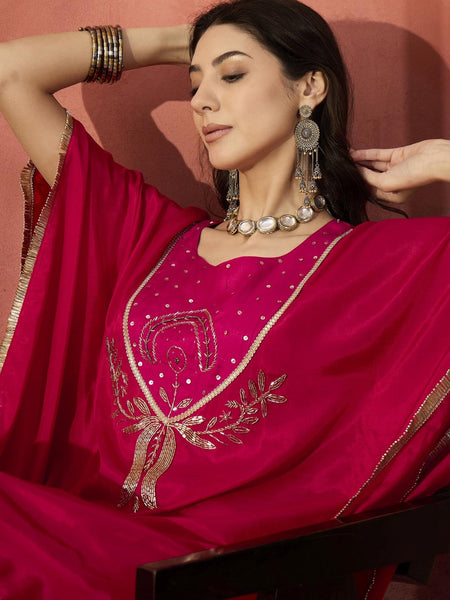 Floral Embroidered Round Neck Kaftan Kurta Set