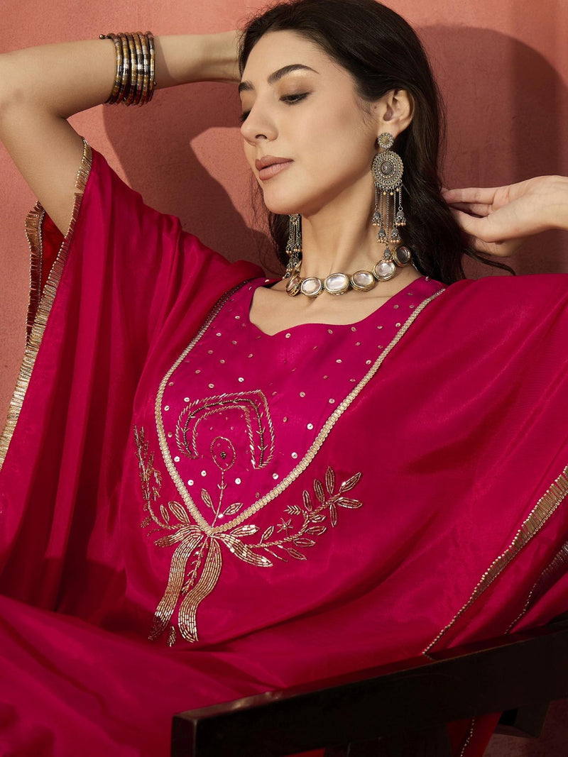 Floral Embroidered Round Neck Kaftan Kurta Set