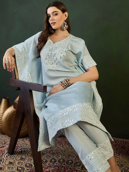 Turquoise Blue Geometric Embroidered Mirror Work Roman Silk Kurta With Trouser