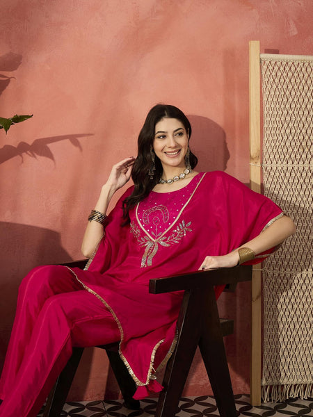 Floral Embroidered Round Neck Kaftan Kurta Set