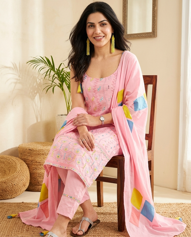 Pure Cotton Embroidered Sholder Strap Kurta With Pant & Dupatta Kurta Set