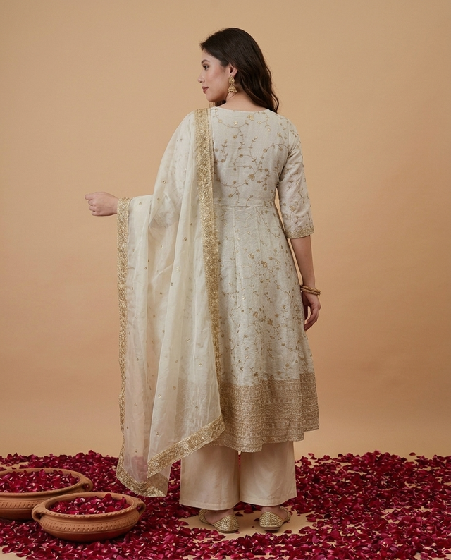 Beige Full Embroidery Zari Anarkali Kurta With Trousers & Dupatta