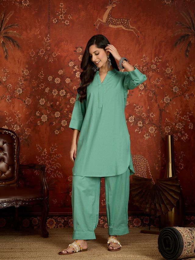 Elaichi Green Mandarin Collar Pure Cotton Tunic With Trousers Kurta Set