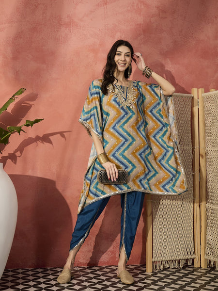 Blue Geometric Printed Yoke Design Mirror Work Kaftan Kurta With Dhoti Pants