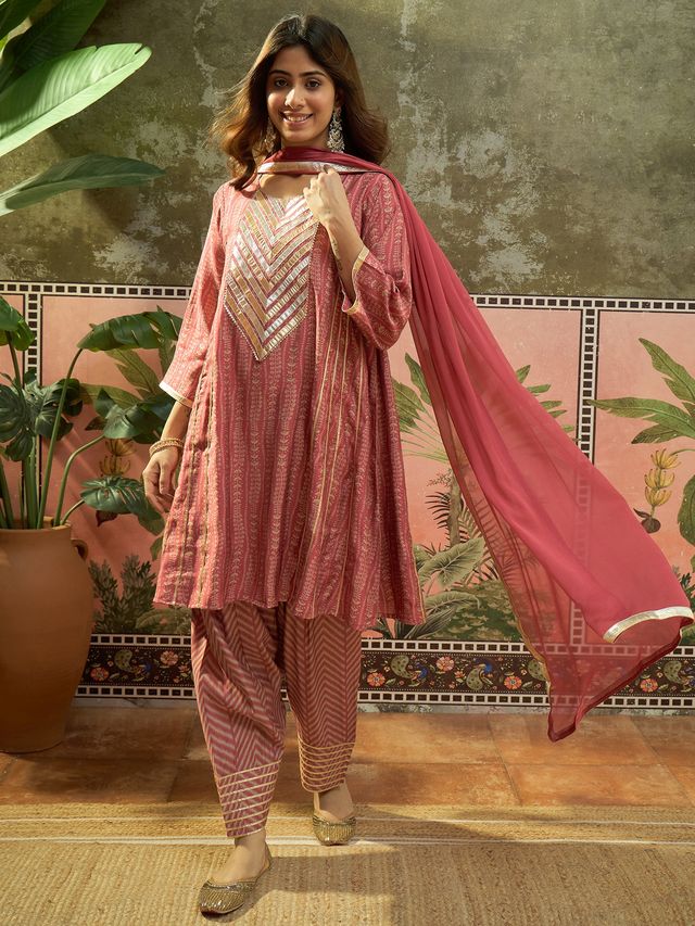 Ethnic Motif Print & Gota Work A-Line Kurta With Farsi Salwar & Dupatta Kurta Set