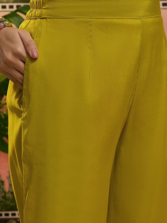 Mustard Embroidered & Mirror Work Straight Tunic With Trousers Co-Ords Set