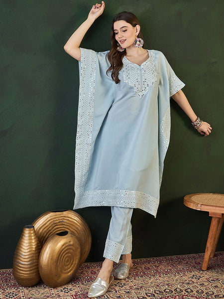 Turquoise Blue Geometric Embroidered Mirror Work Roman Silk Kurta With Trouser