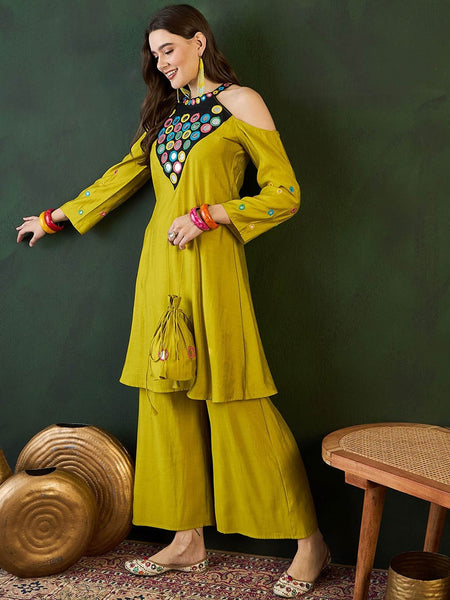 Embroidered Kurta & Palazzo With Bag Kurta Set