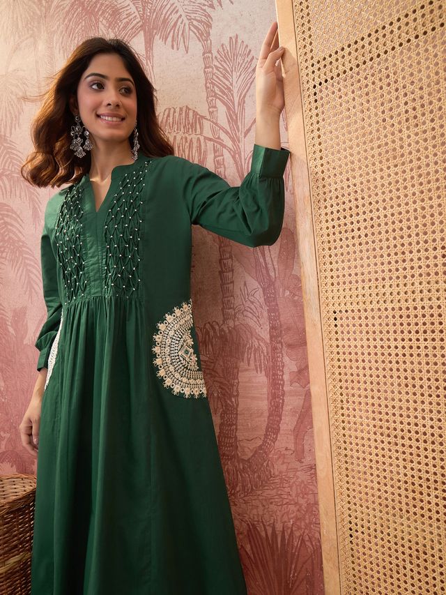 Floral Embroidered Thread Work A-Line Kurta With Trousers