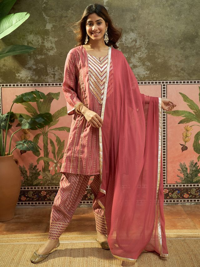 Ethnic Motif Print & Gota Work A-Line Kurta With Farsi Salwar & Dupatta Kurta Set