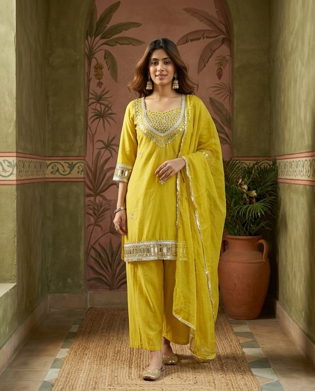 Mustard Ethnic Motif Embroidered Kurta With Top & Trouser & Dupatta