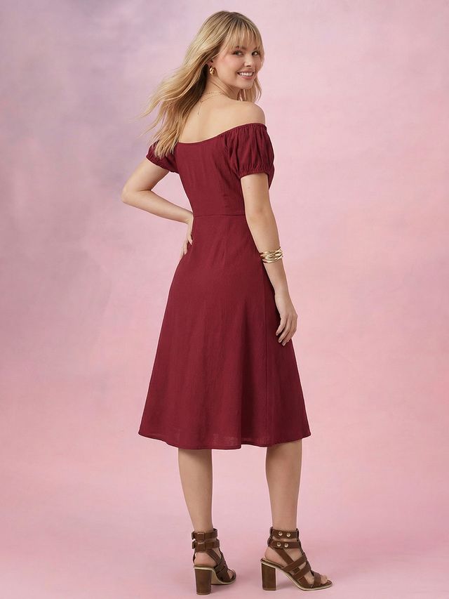 Maroon Off-Shoulder A-Line Midi Dress