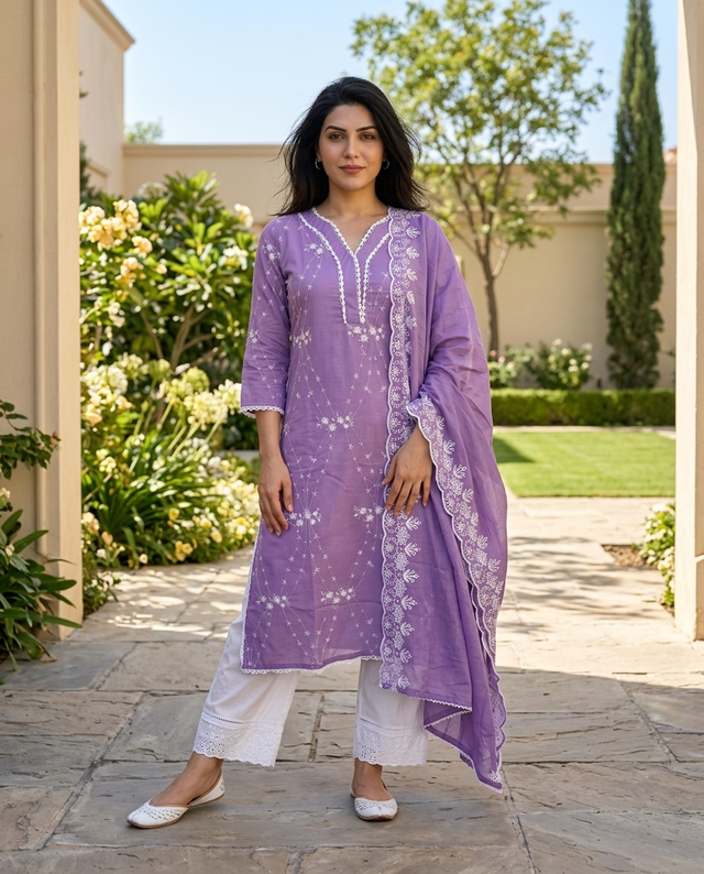 Purple Embroidered Pure Cotton Straight Kurta With Trouser & Dupatta