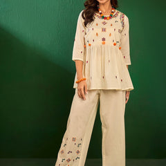 Embroidered Pure Cotton Top With Palazzos Co-Ords