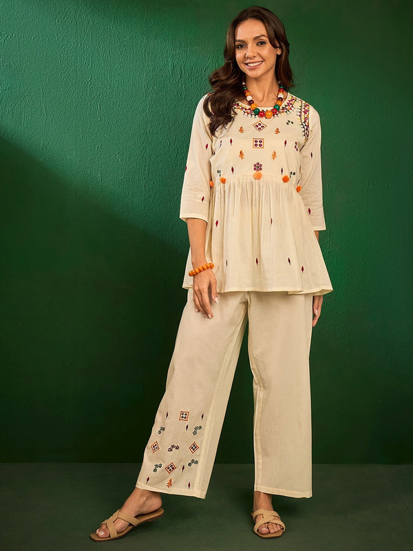 Embroidered Pure Cotton Top With Palazzos Co-Ords