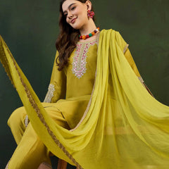 Green Embroidered Mirror Work Round Neck Straight Kurta With Dhoti Pants & Dupatta