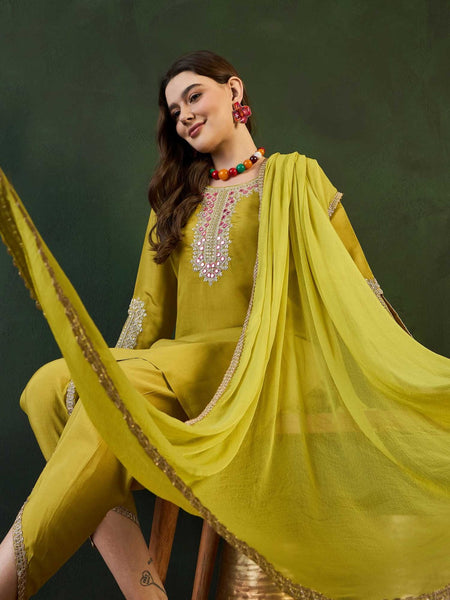 Green Embroidered Mirror Work Round Neck Straight Kurta With Dhoti Pants & Dupatta