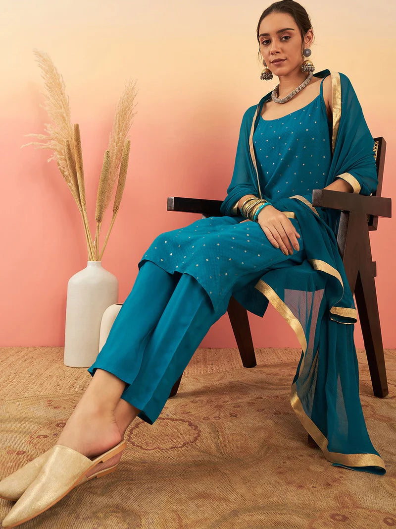 Embroidered Shoulder Straps Straight Kurta With Trousers & Dupatta