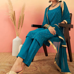 Embroidered Shoulder Straps Straight Kurta With Trousers & Dupatta