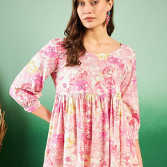 Floral-Printed Pleated Round Neck Kurti