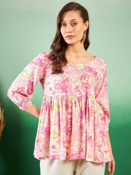 Floral-Printed Pleated Round Neck Kurti
