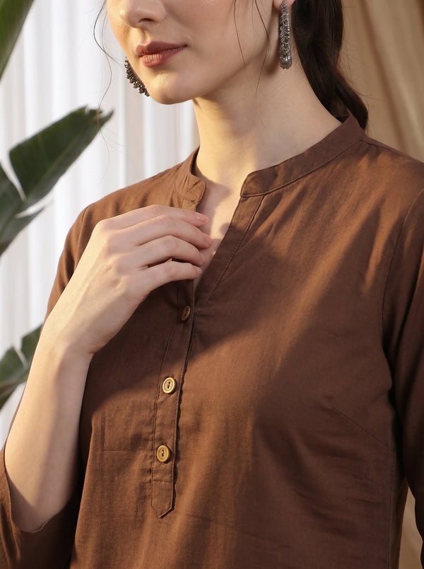 Brown Solid Straight Kurtis
