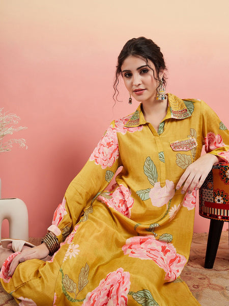 Floral Printed Shirt Collar Mirror Work Pathani Kurta & Trousers