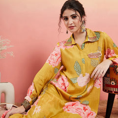 Floral Printed Shirt Collar Mirror Work Pathani Kurta & Trousers