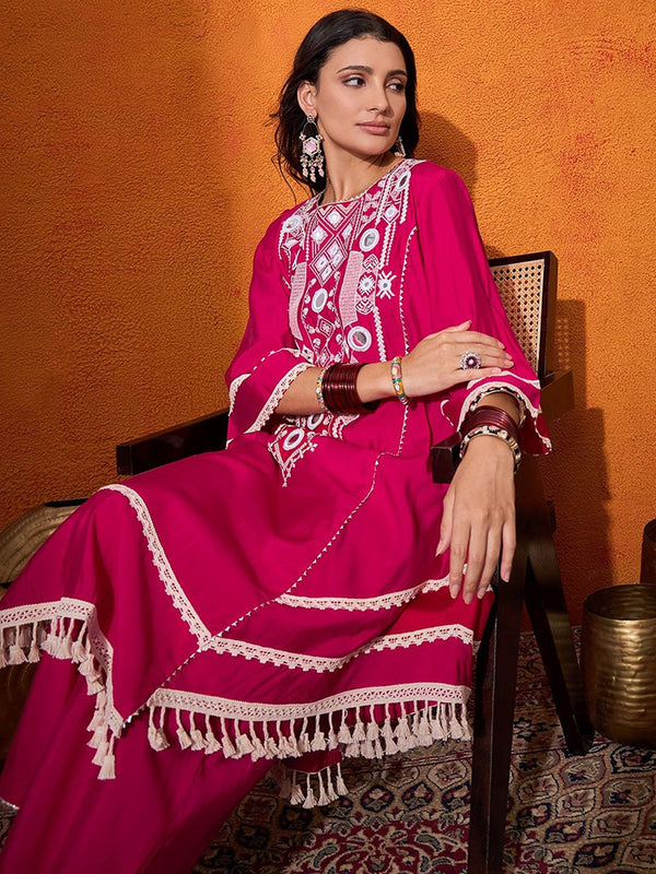 Floral Embroidered Regular Mirror Work A-Line Kurta with Palazzo