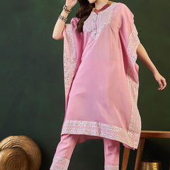 Pink Geometric Embroidered Mirror Work Roman Silk Kurta With Trouser