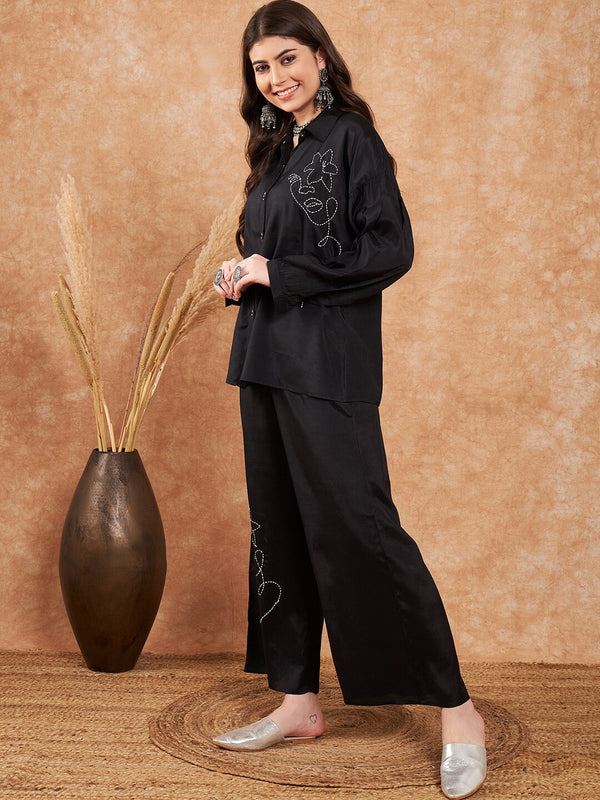 Embroidered Viscose Silk Oversized Shirt With Palazzo Co-Ords