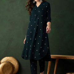 Teal Green Floral Printed V-Neck Straight Kurta With Trousers