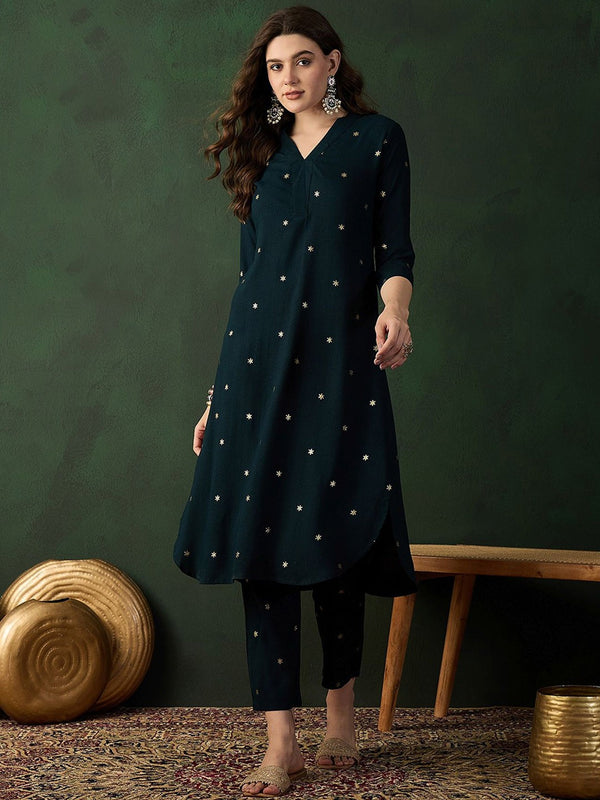 Teal Green Floral Printed V-Neck Straight Kurta With Trousers