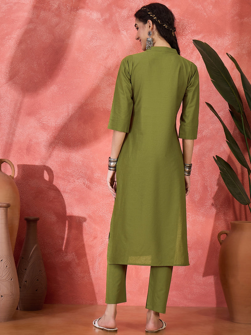 Floral Embroidered Pure Cotton Straight Kurta With Trouser
