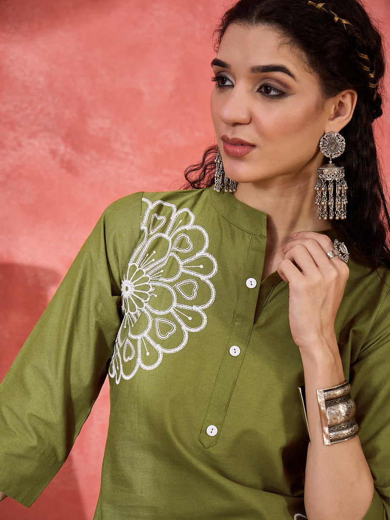 Floral Embroidered Pure Cotton Straight Kurta With Trouser