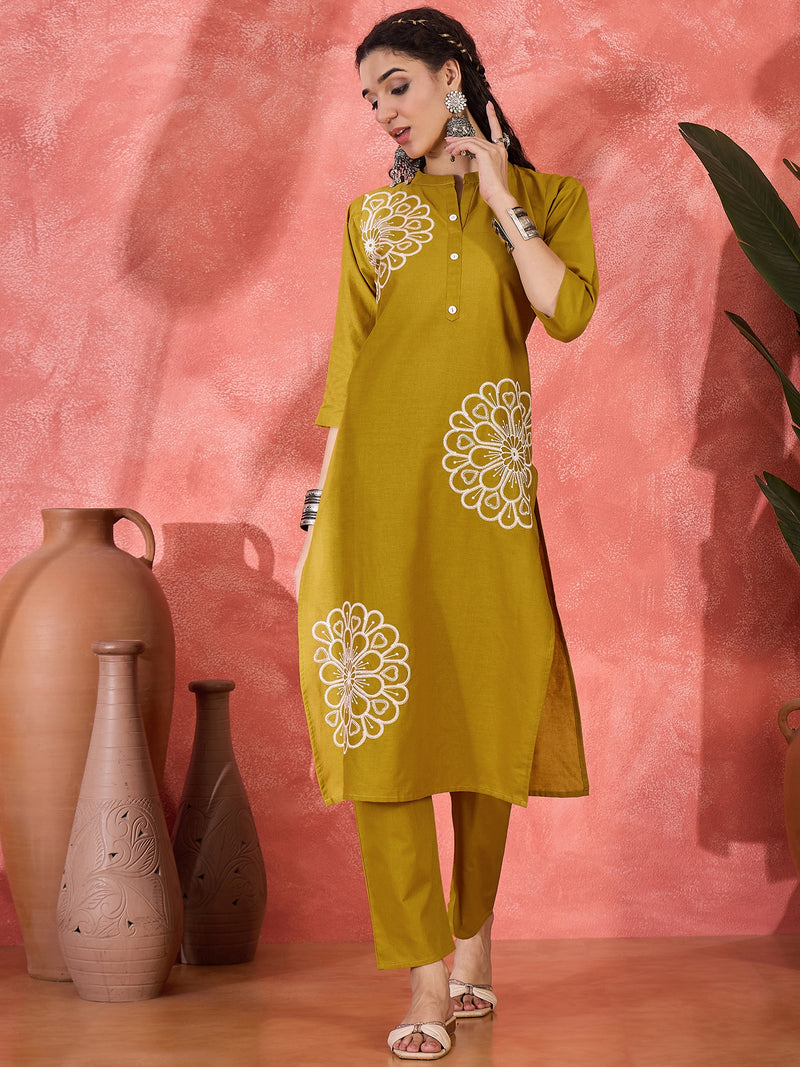 Floral Embroidered Pure Cotton Straight Kurta With Trouser