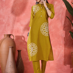 Floral Embroidered Pure Cotton Straight Kurta With Trouser