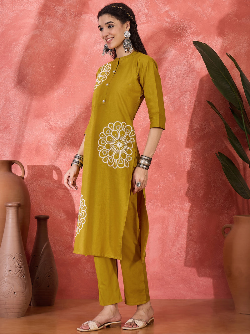 Floral Embroidered Pure Cotton Straight Kurta With Trouser