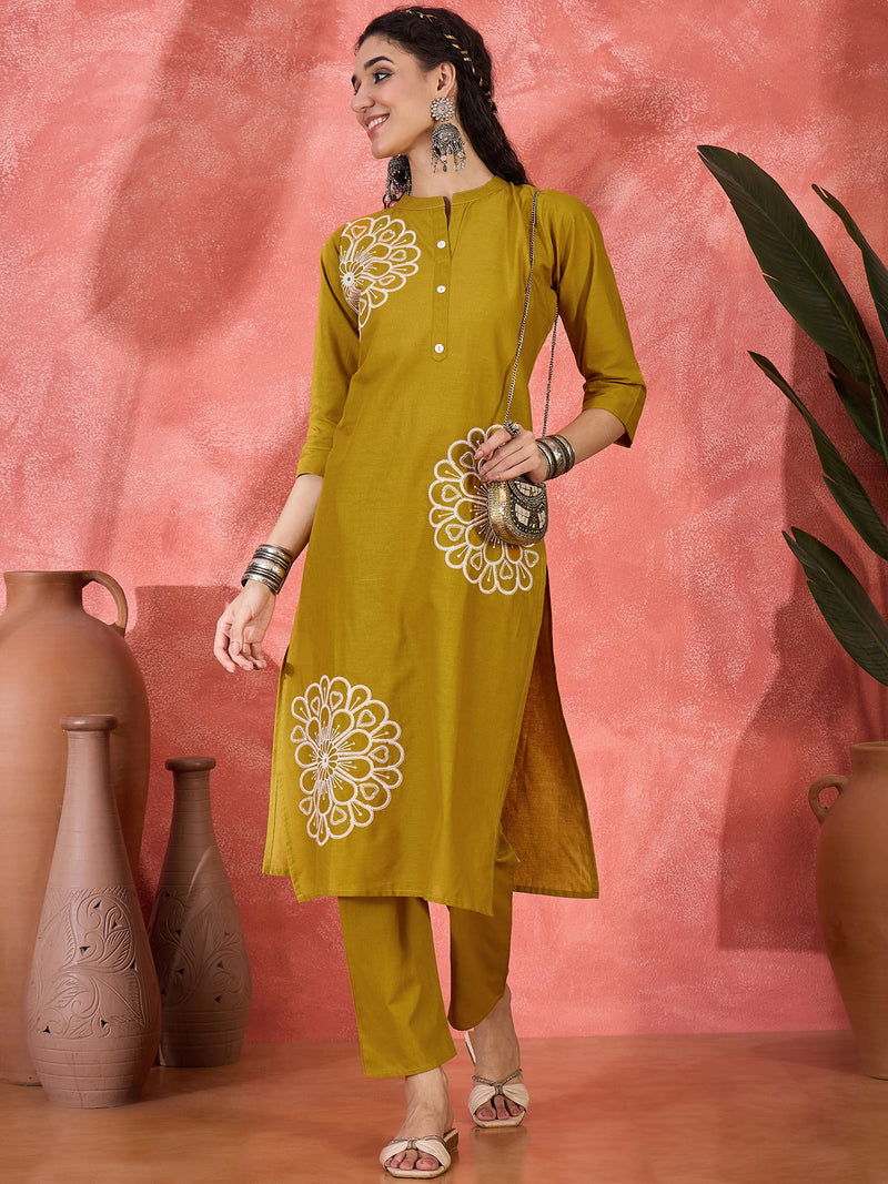 Floral Embroidered Pure Cotton Straight Kurta With Trouser