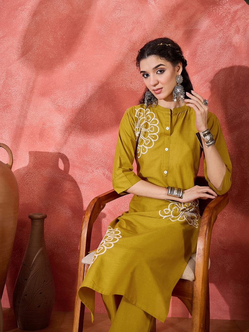 Floral Embroidered Pure Cotton Straight Kurta With Trouser