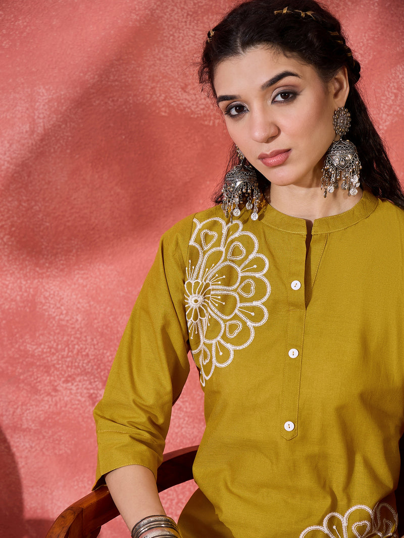 Floral Embroidered Pure Cotton Straight Kurta With Trouser