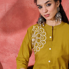 Floral Embroidered Pure Cotton Straight Kurta With Trouser
