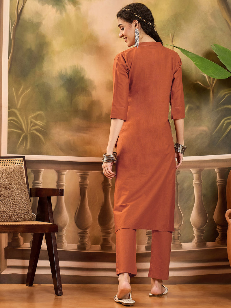 Floral Embroidered Pure Cotton Straight Kurta With Trouser