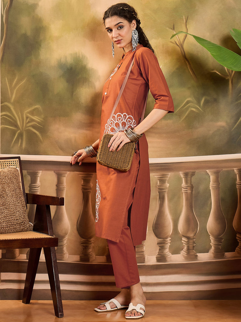 Floral Embroidered Pure Cotton Straight Kurta With Trouser