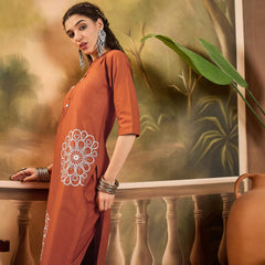 Floral Embroidered Pure Cotton Straight Kurta With Trouser