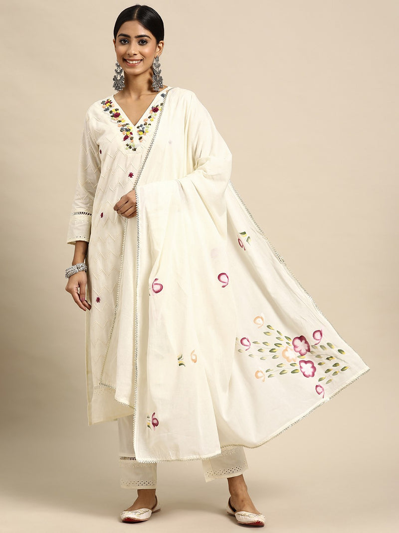 Off White Embroidered  Pure Cotton Kurta with Trousers & Dupatta