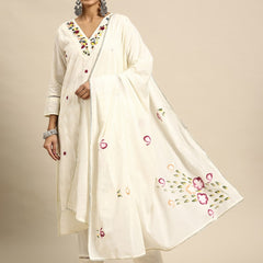 Off White Embroidered  Pure Cotton Kurta with Trousers & Dupatta