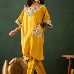 Paisley Embroidered V-Neck Mirror Work Kaftan With Trousers