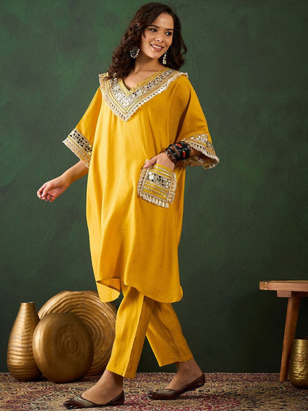 Paisley Embroidered V-Neck Mirror Work Kaftan With Trousers