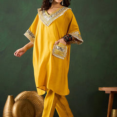 Embroidered  V-Neck Mirror work Kaftan With Trousers